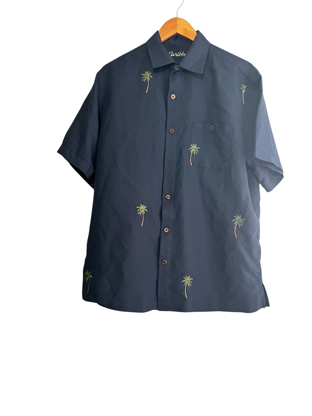 Caribbean Navy Short-Sleeve Button-Down with Palm Embroidery